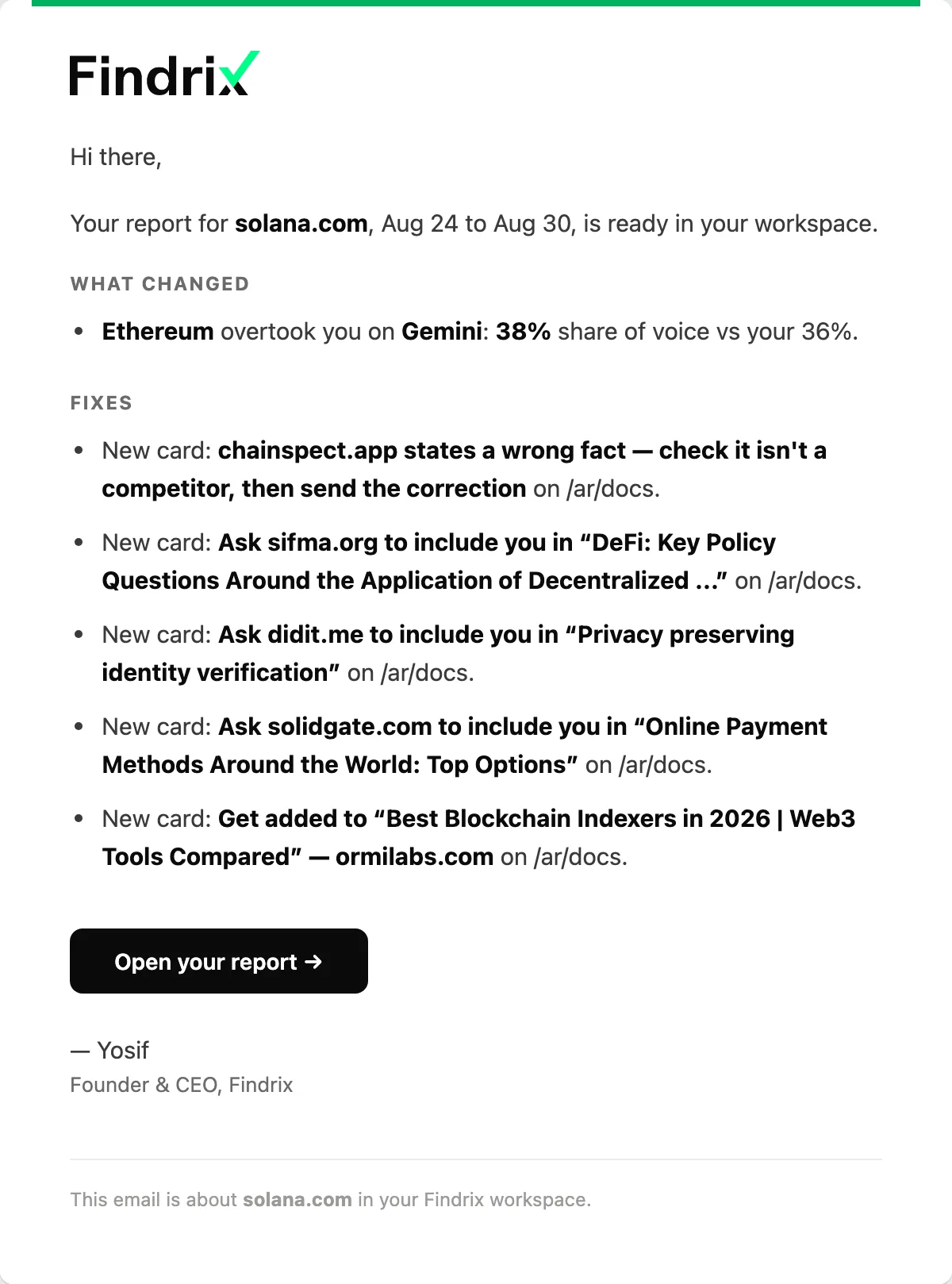 A Findrix report-ready email: what changed, the new fixes, and a link to the report