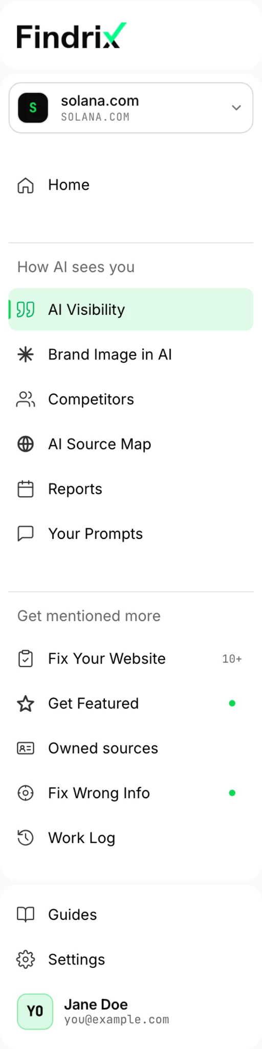 The Findrix sidebar: eleven modules in two groups